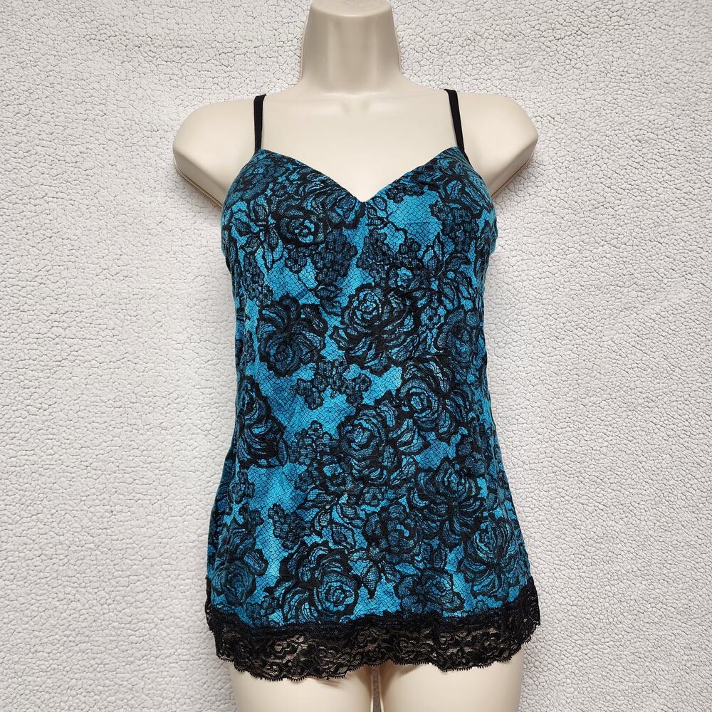 Vintage Lace Trim Cami Tank Top Womens Small Blue Black Floral Built in Bra Y2K
